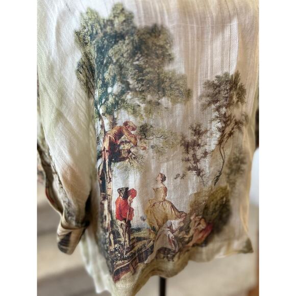 Yuvita Linen Boxy Short Sleeve Romantic Regency Georgian Colonial Print Blouse - Picture 8 of 9